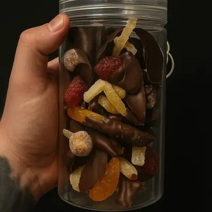 Mix de frutas glaciadas com chocolate